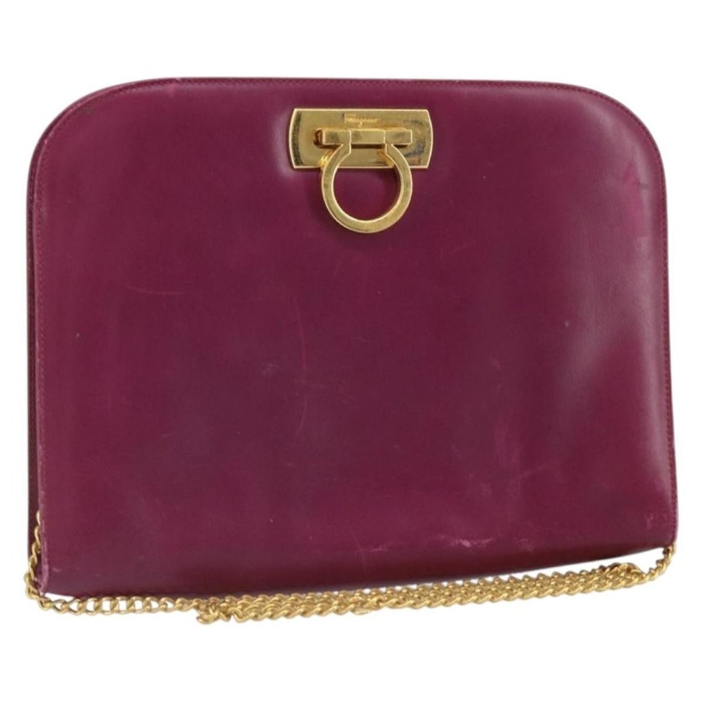 Authentic Salvatore Ferragamo Chain Gancini Shoulder Bag Leather Purple Gold